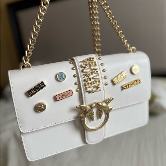 Zara Handbags - Pinko White Leather Shoulder Bag with Gold Chain and Accents 28cm